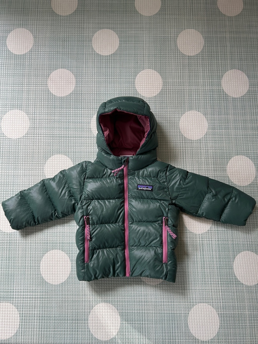 Patagonia Kids' Hi Loft Insulated Hooded Jacket - Green with Pink Trim